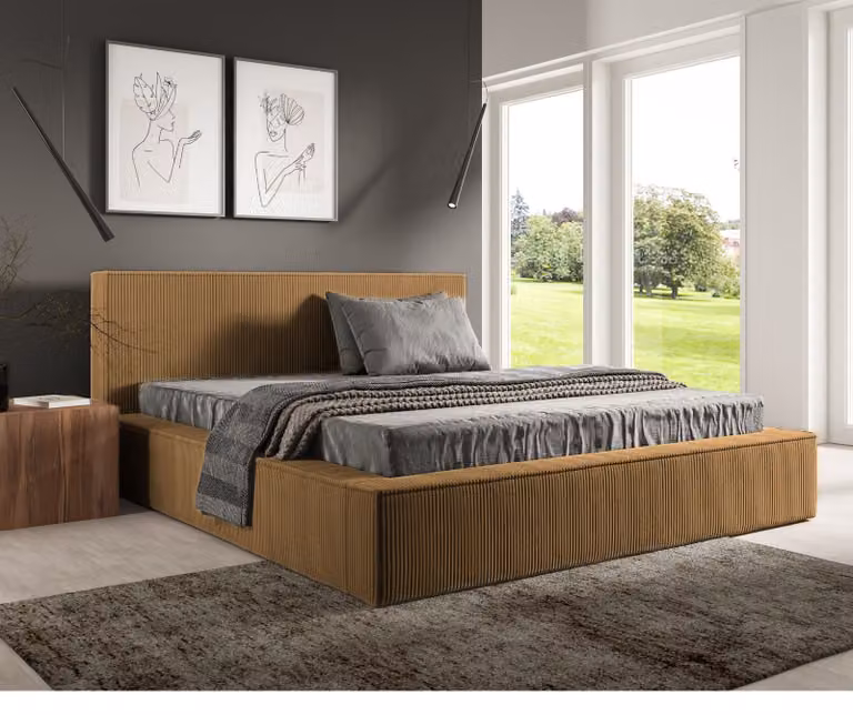 Letto imbottito GUTTO modello FILO, colore senape, dimensioni 120x200, rivestito in tessuto di velluto con struttura a rete metallica. Design moderno in colori di tendenza, con spazio contenitivo