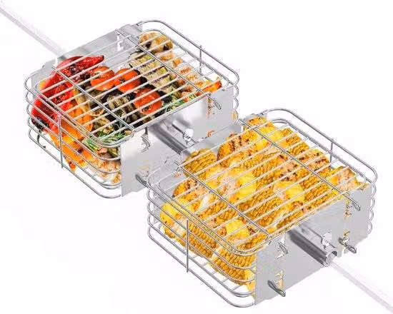 Set da barbecue in acciaio inossidabile in due pezzi per spiedini - verdure, carne, pesce - barbecue a carbonella o a gas - argento