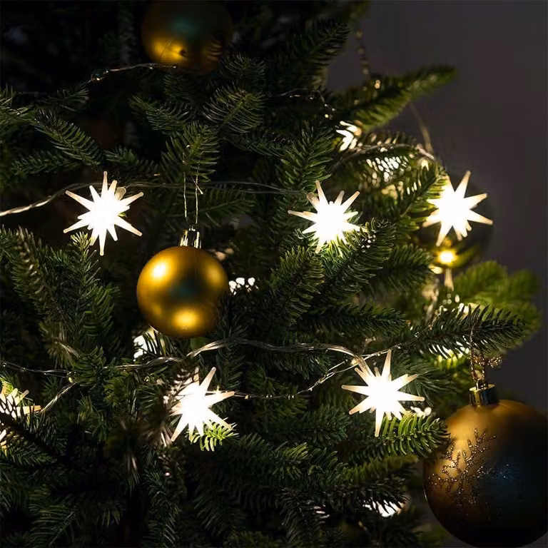 Catena luminosa a LED con stelline, luce bianco caldo, timer, 10 LED