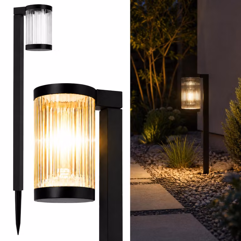 LUMILED Lampione solare da esterno, 58 cm, 1 pezzo. Lampada da giardino a LED, 3000K, luce bianco caldo, grado di protezione IP54, resistente agli schizzi. Schermo scanalato. Lampione solare nero per illuminazione di vialetti, ideale per giardino, terrazz
