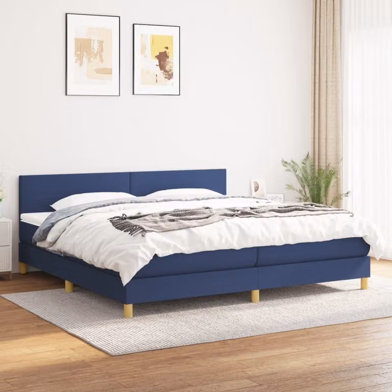 The Living Store Letto a molle con materasso blu 200x200 cm in tessuto