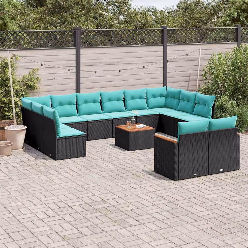 Set Divani da Giardino vidaXL 13 pz in Polyrattan con Cuscini e Tavolino, Design Moderno a U, Colore Nero, Blu o Turchese