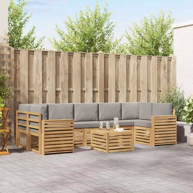 Set di divani da esterno a L vidaXL in legno di acacia con tavolo da caffè, 8 pezzi, Bianco e Grigio