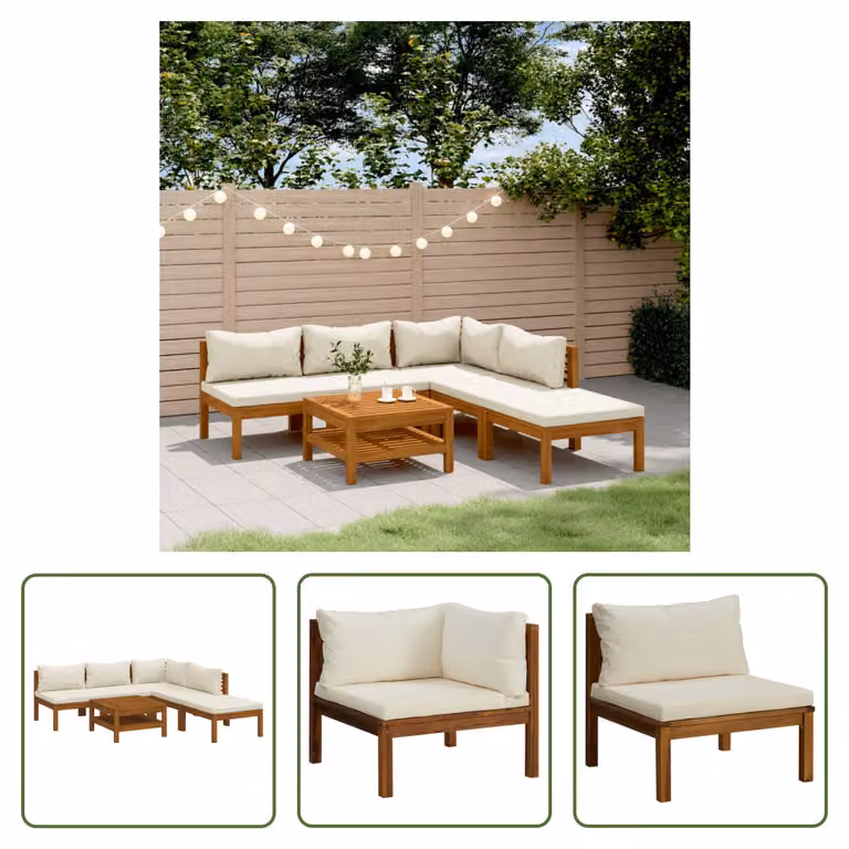 The Living Store Set di 6 pezzi per salotto da giardino con cuscini color crema Legno massiccio di acacia