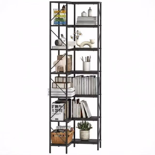 Libreria ad Angolo XYLO in Stile Industriale con 7 Ripiani, Colore Nero, L/P/H: 60 x 60 x 198 cm
