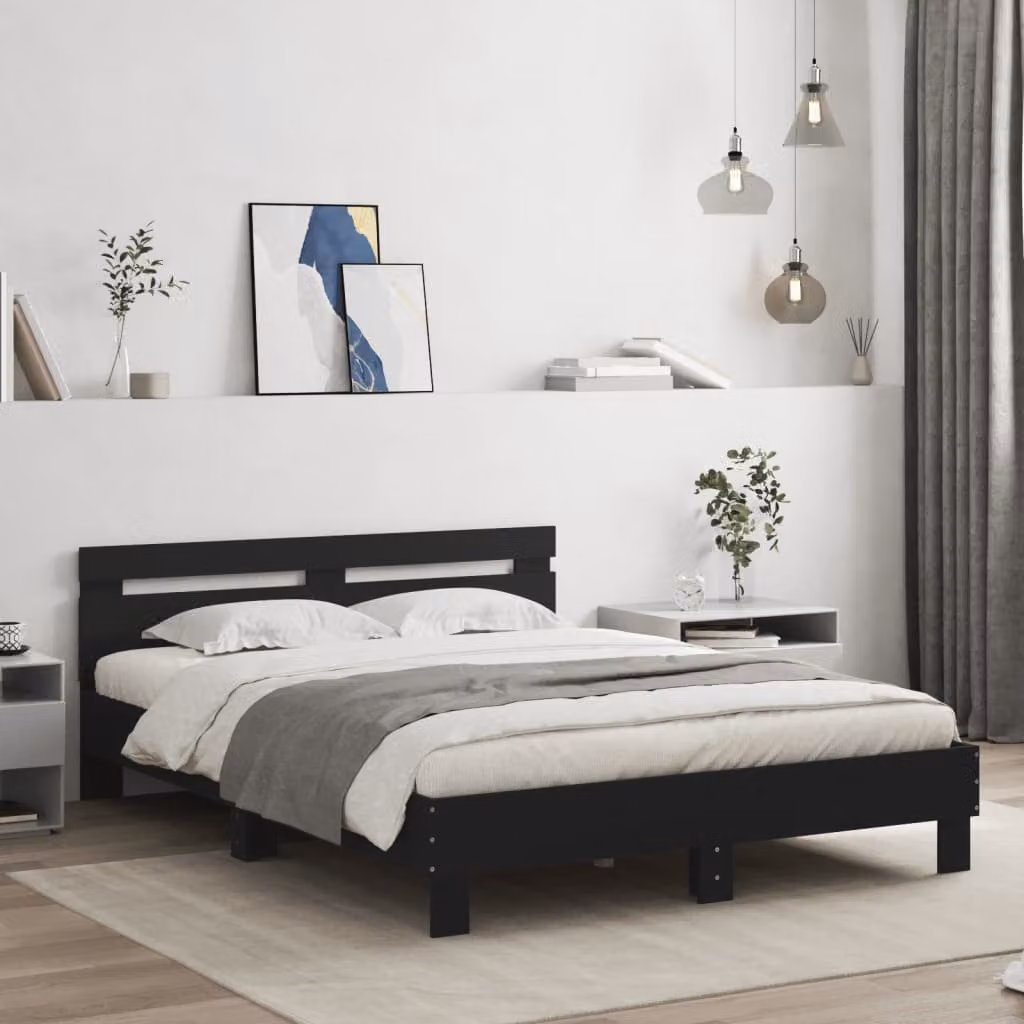 vidaXL Giroletto Moderno con LED e Porte USB in Legno Nero L/P/H: 203 x 150 x 70 cm – 1