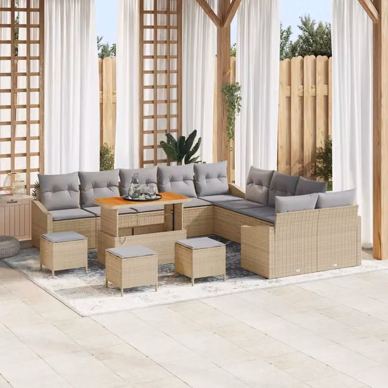 vidaXL Set Divano da Giardino 14 pz in Polyrattan Beige con Cuscini e Tavolino