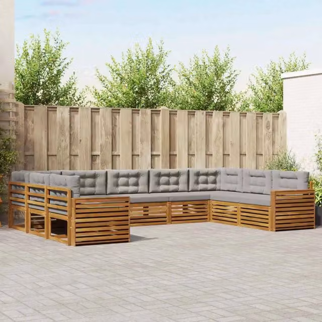 Set di divani da esterno a L vidaXL in legno di acacia con cuscini grigi – 1