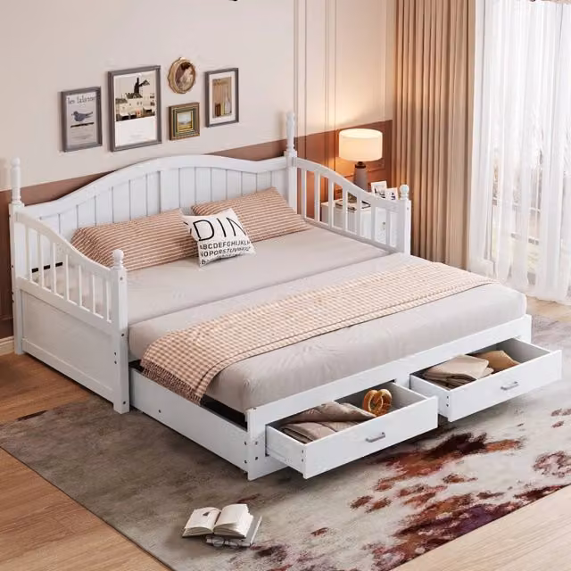 Divano letto estraibile in legno massello - Zephmum- 90x190 cm, colonne romane, bianco