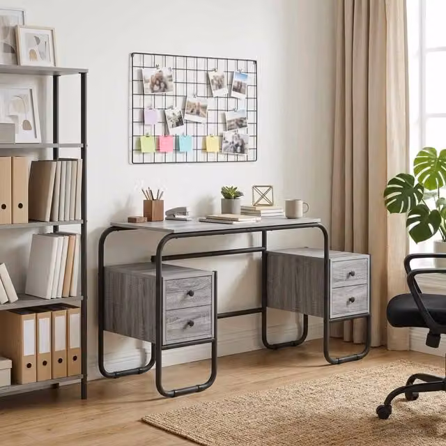 Scrivania con spazio di archiviazione vidaXL in stile industriale, colore grigio, L/P/H: 145 x 60 x 75 cm – 1