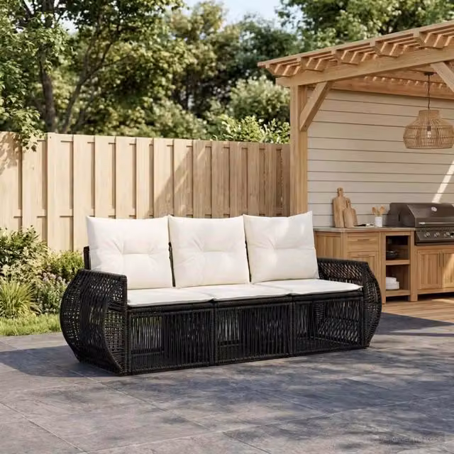 Set Divano da Giardino 3 pz Nero e Bianco Crema polyrattan 3435334