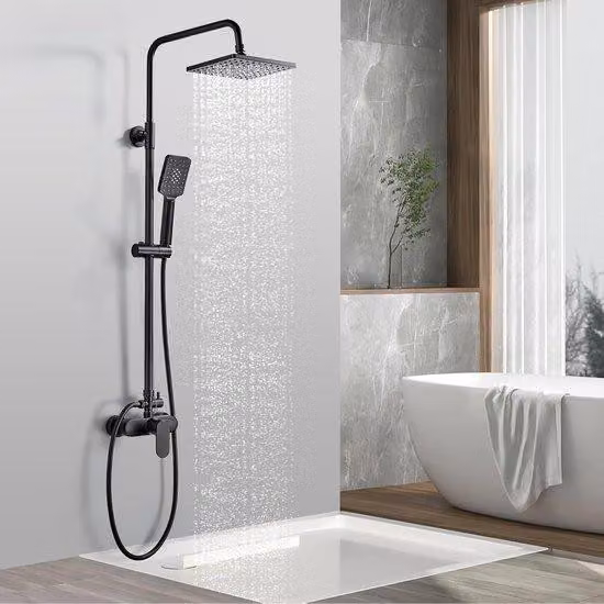 Set doccia Ibenzoa® nero con soffione a pioggia regolabile Ø380 mm e doccetta, soffione a pioggia in acciaio inossidabile, doccetta in plastica, miscelatore in Vetroceramica