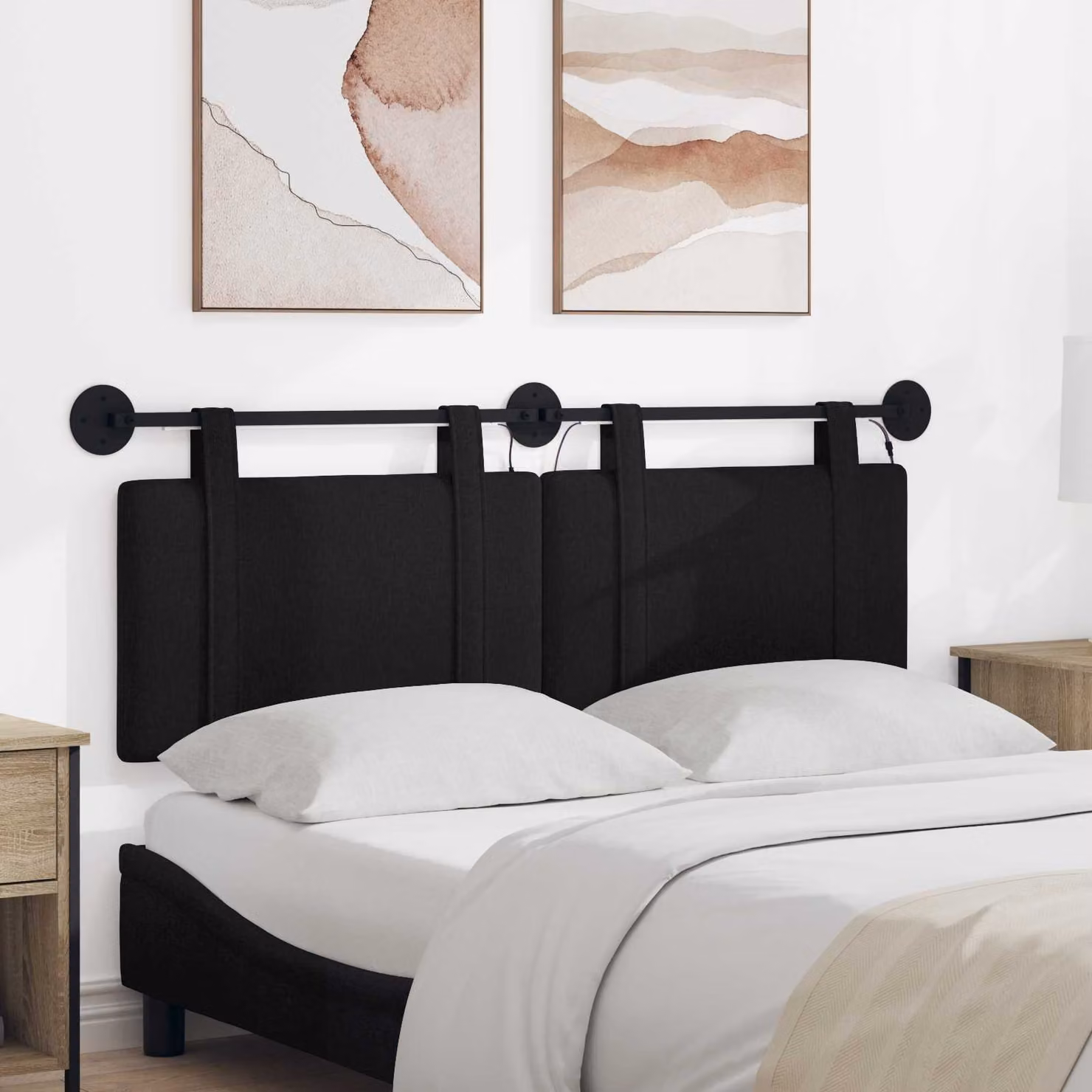 Testiera per letto sospesa vidaXL in tessuto nero con illuminazione integrata e pannello imbottito