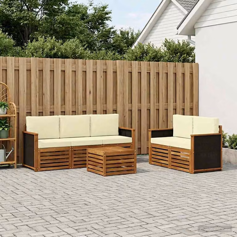 Set di divani da esterno vidaXL in legno di acacia con tavolo da caffè, 6 pezzi, beige e bianco