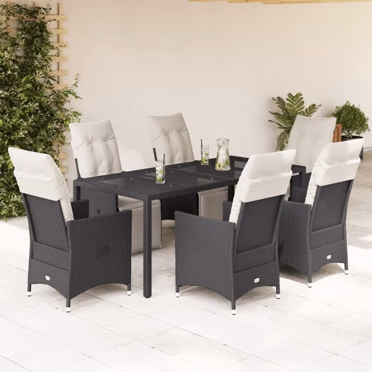 vidaXL Set da Pranzo da Giardino 7 pz in Polyrattan Nero con Cuscini e Tavolo in Vetro
