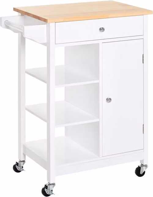 Carrello da Cucina Salvaspazio ¨C Xylo ¨C MDF Bianco con Piano in Legno, Cassetto, Mensole Regolabili, 66x39.5x86.5cm