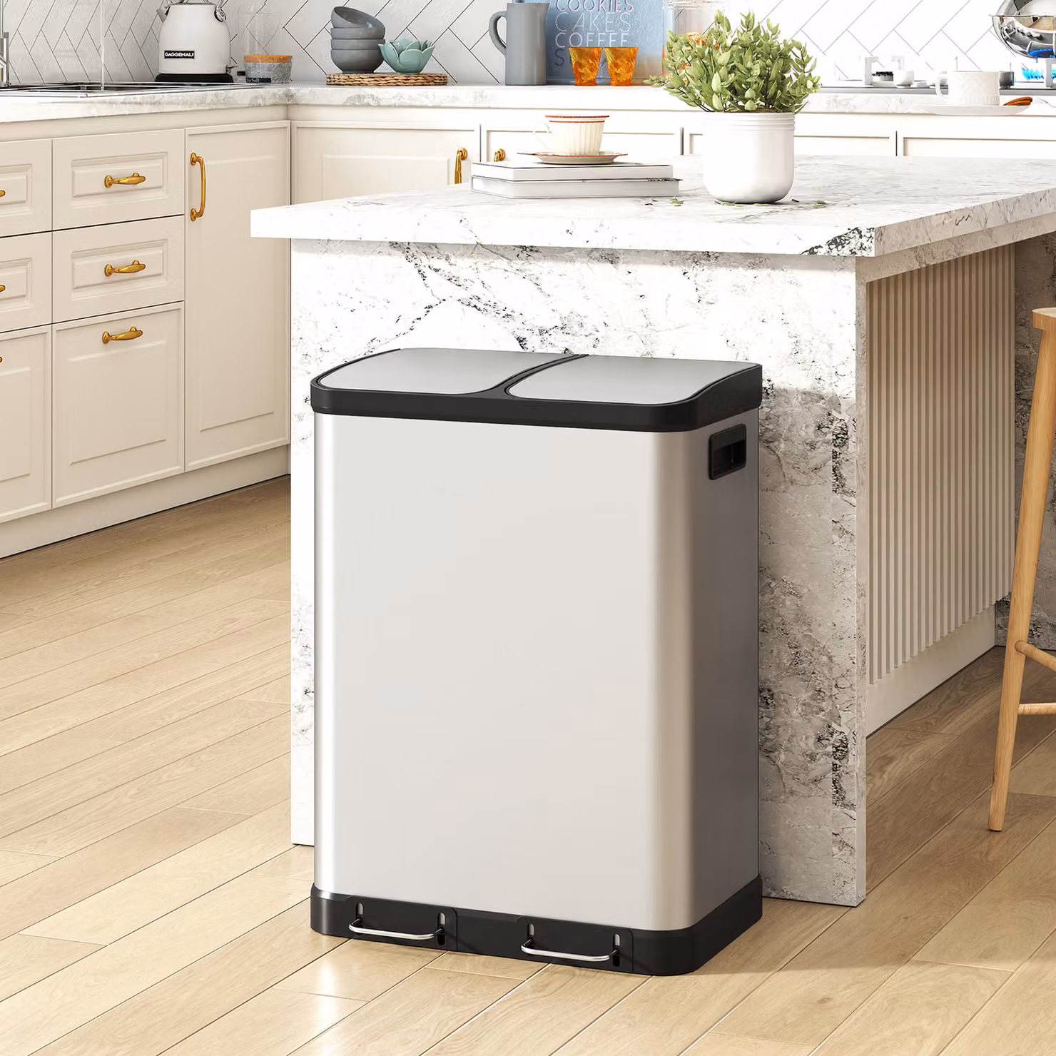 Pattumiera da cucina HOMCOM in acciaio inox argento con pedale e chiusura ammortizzata, capacità 2x30 L – 2