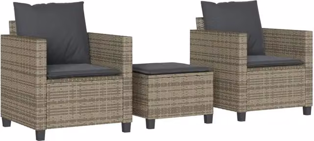 Set da bistrot 3 pezzi in polyrattan grigio con cuscini per giardino e balcone
