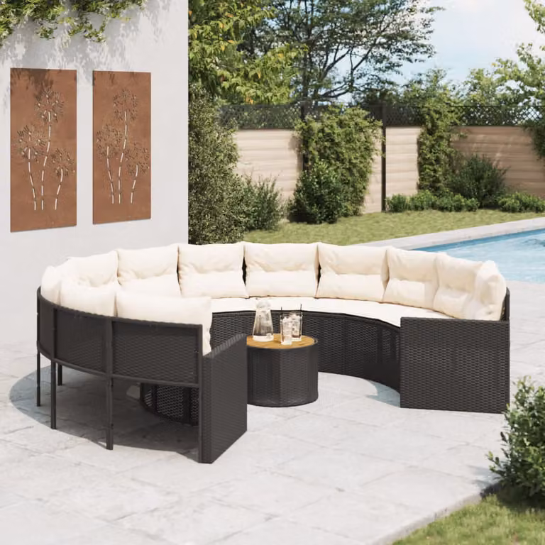 Set da giardino vidaXL a forma di U con divano a 3 posti, tavolino da caffè e cuscini, struttura in metallo e rattan nero e legno di acacia