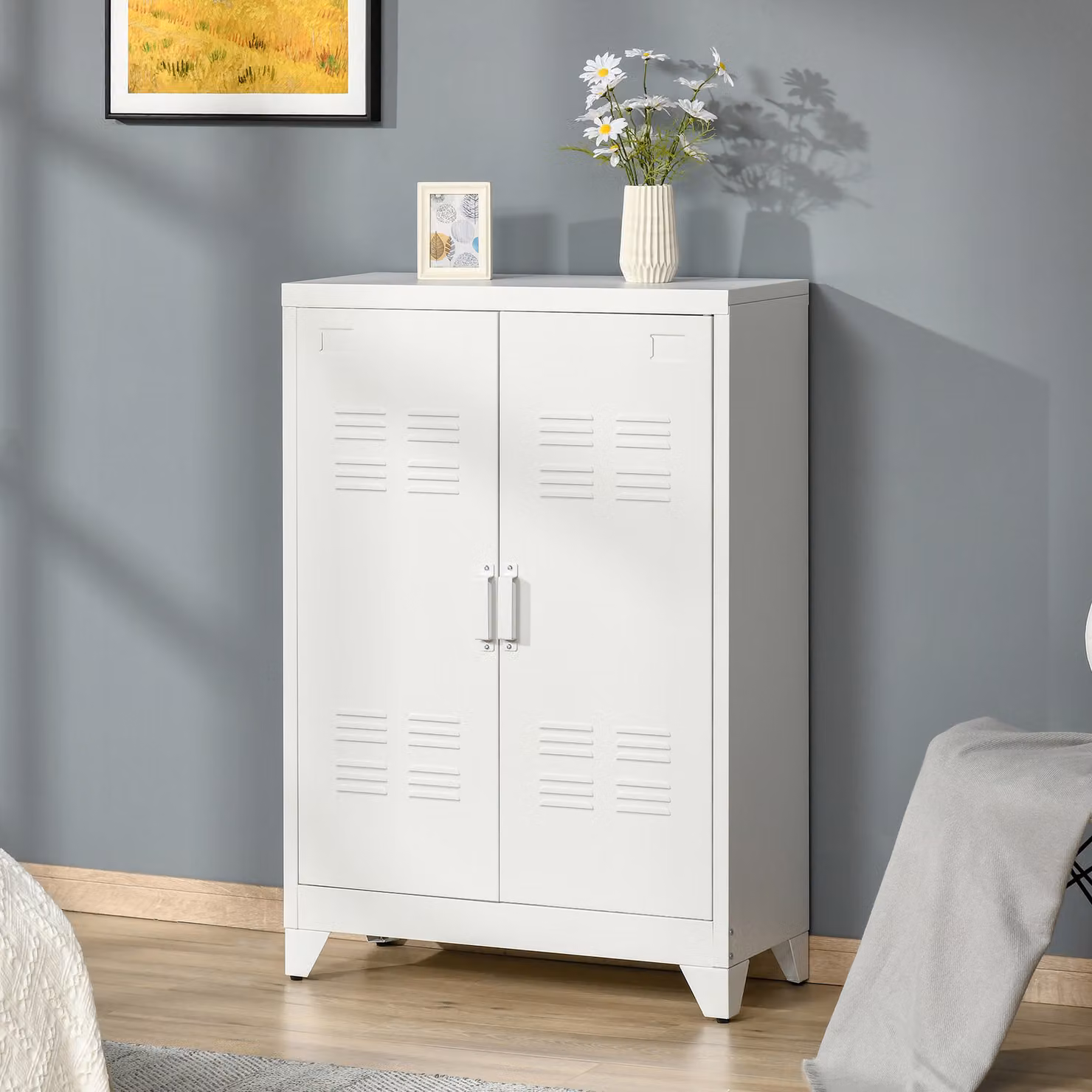 Armadio in Metallo HOMCOM Bianco con 2 Porte e 2 Ripiani Regolabili, Mobile Multifunzione per Ufficio, Salotto o Camera da Letto, L: 75 cm, P: 33 cm, H: 110 cm – 2