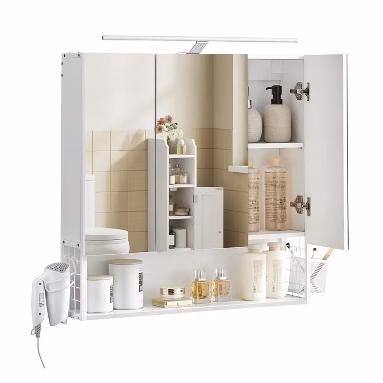 Armadietto da Bagno da Muro con Ante a Specchio Cestino Porta Asciugacapelli, Bianco Nuvola / 14,5 x 70 x 70 cm