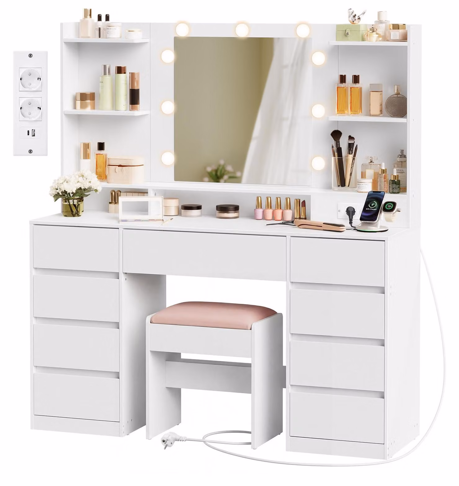 VASAGLE Collezione Kailyn: Comodino da trucco con specchio e luci LED, sgabello, set
