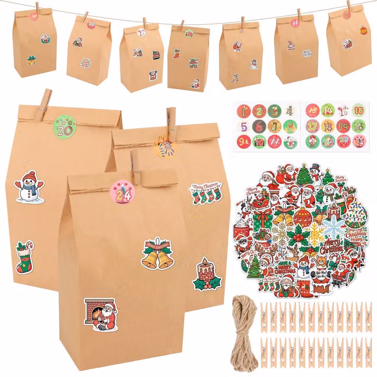 Calendari dell'Avvento da riempire, confezione da 24 pezzi. Kit per creare un calendario dell'Avvento fai-da-te, con adesivi e corda