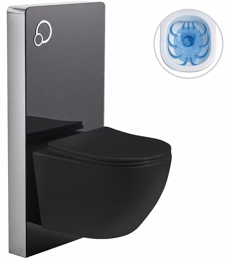 CERANO - Set completo per WC con cassetta di scarico - nero opaco + WC sospeso Verde, Rimless + sedile Slim/UF - nero lucido - 49x36 cm