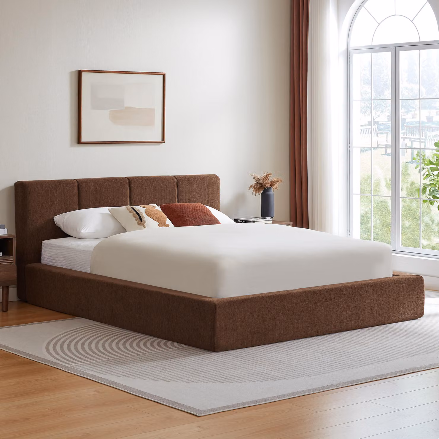 Letto imbottito LVHOM 160x200 cm, rivestito in tessuto tipo ciniglia con struttura a rete metallica e testiera, letto matrimoniale moderno, compatto, color marrone