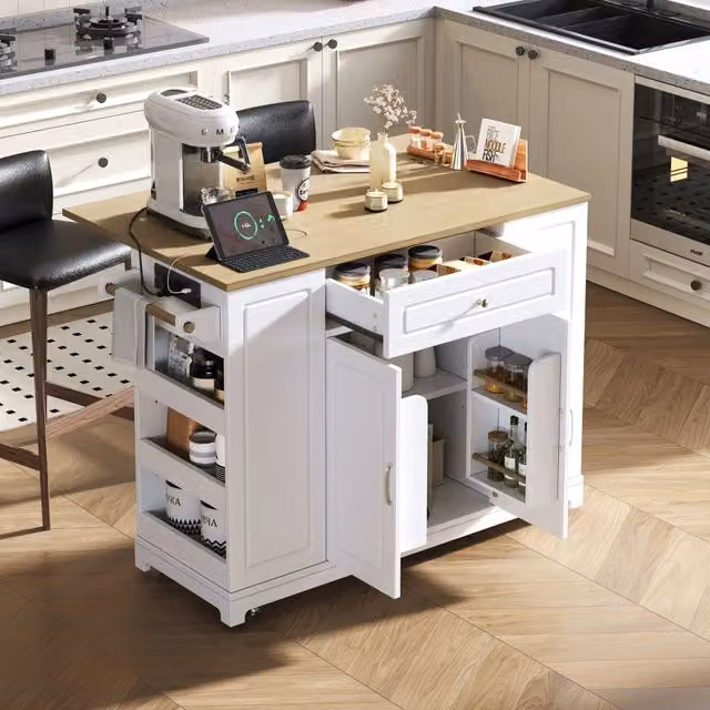 Carrello da cucina con piano pieghevole, vano rifiuti, ripiani regolabili e prese integrate per cucina bianco naturale