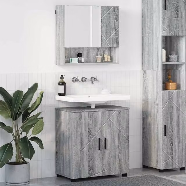 Set di mobili per il bagno moderno vidaXL composto da mobile sottolavabo e pensile con specchio, colore grigio, L: 61 cm, P: 35 cm, H: 64 cm