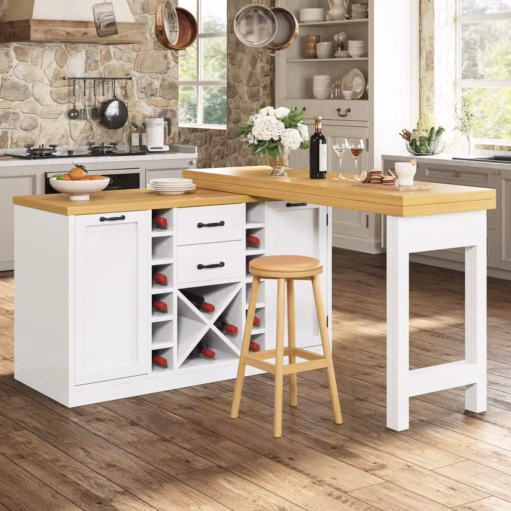 Isola cucina WISHDOR girevole 360 con contenitore e top estensibile, bianca e rovere, L: 120 cm, P: 60 cm, H: 103 cm – 2