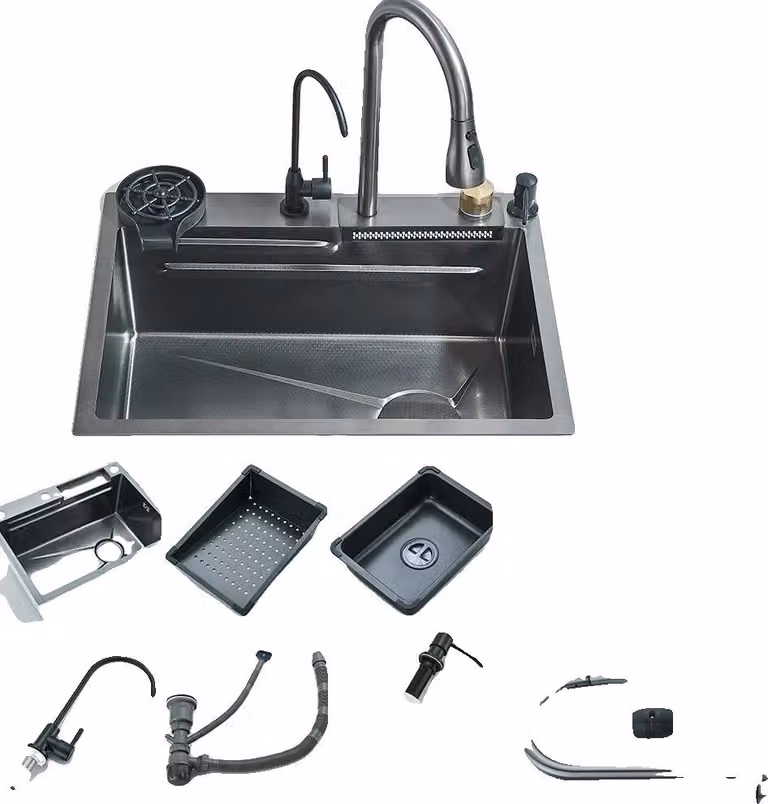Lavello da cucina in acciaio inox, vasca singola grande, rubinetto con display digitale, 60X45CM 003