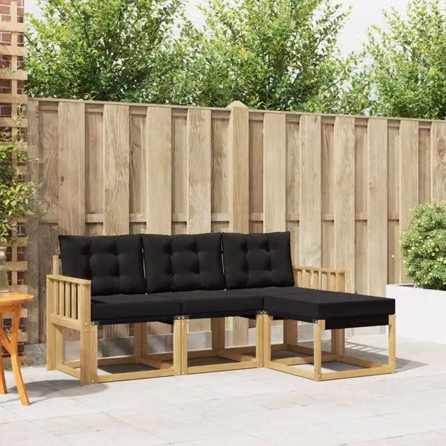 Set di divani da esterno a L con pouf vidaXL in legno di acacia e tessuto textilene, Bianco e Nero