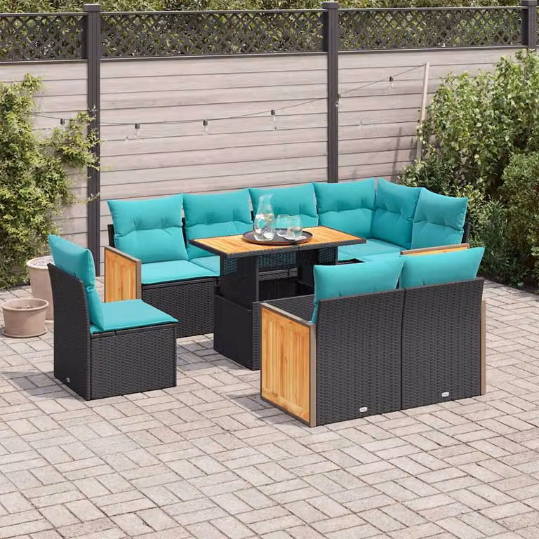 Set di divani da giardino vidaXL 9 pz in polyrattan con cuscini e tavolino da esterno, design moderno a L, colori nero, blu e turchese con struttura in legno di acacia e metallo