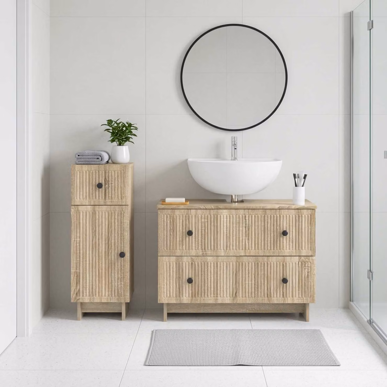 Set di mobili da bagno vidaXL composto da mobile lavabo e mobile contenitore, colore marrone rovere sonoma, design moderno con ante a cerniera e cassetti interni, L/P/H: 82,0 x 35,6 x 59,0 cm e 41,0 x 35,6 x 82,0 cm