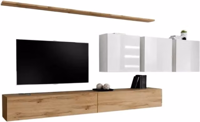 Composizione murale SWITCH VII mobile TV sospeso in quercia Wotan e bianco lucido design
