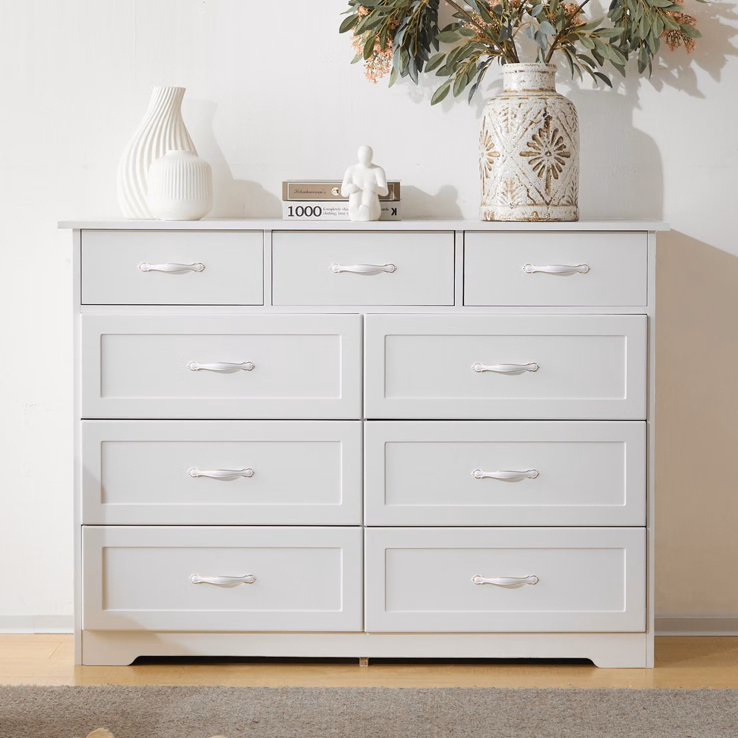 Cassettiera AIORBER, con maniglie in metallo, robusta, 9 cassetti, molto spazio, credenza, con protezione antiribaltamento, per camera da letto, soggiorno, 120x40x88cm, bianco
