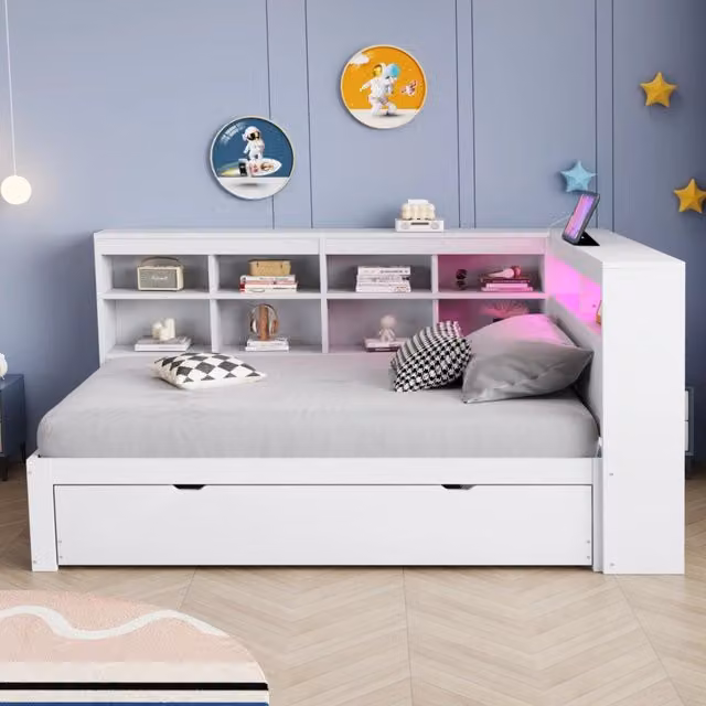 Desviae Letto singolo 90 × 200 cm con letto estraibile prese USB luci LED cangianti ripiani e vani in legno bianco