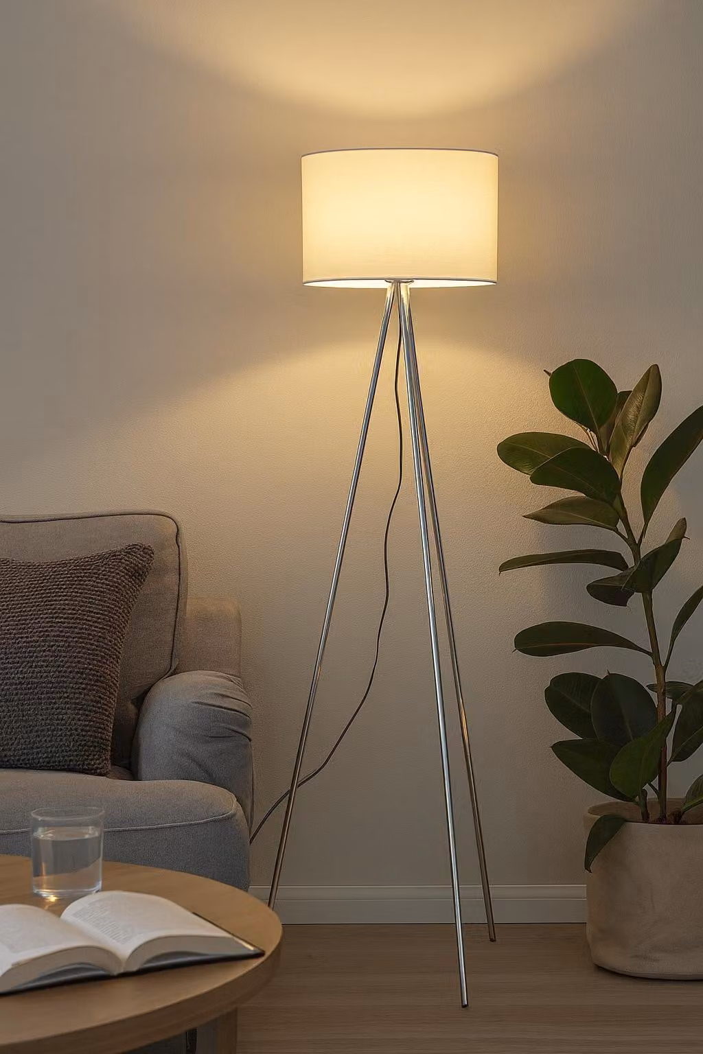 Lampada da terra Braytron a 3 gambe, 155 cm, E27, moderna, con paralume, per soggiorno, lampada da terra, illuminazione dal basso verso l'alto, beige