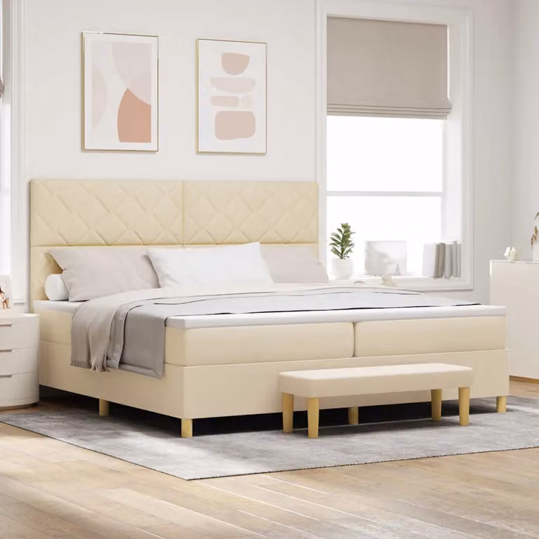Letto a molle con testiera vidaXL in tessuto beige L 200 cm x P 200 cm x H 128 cm