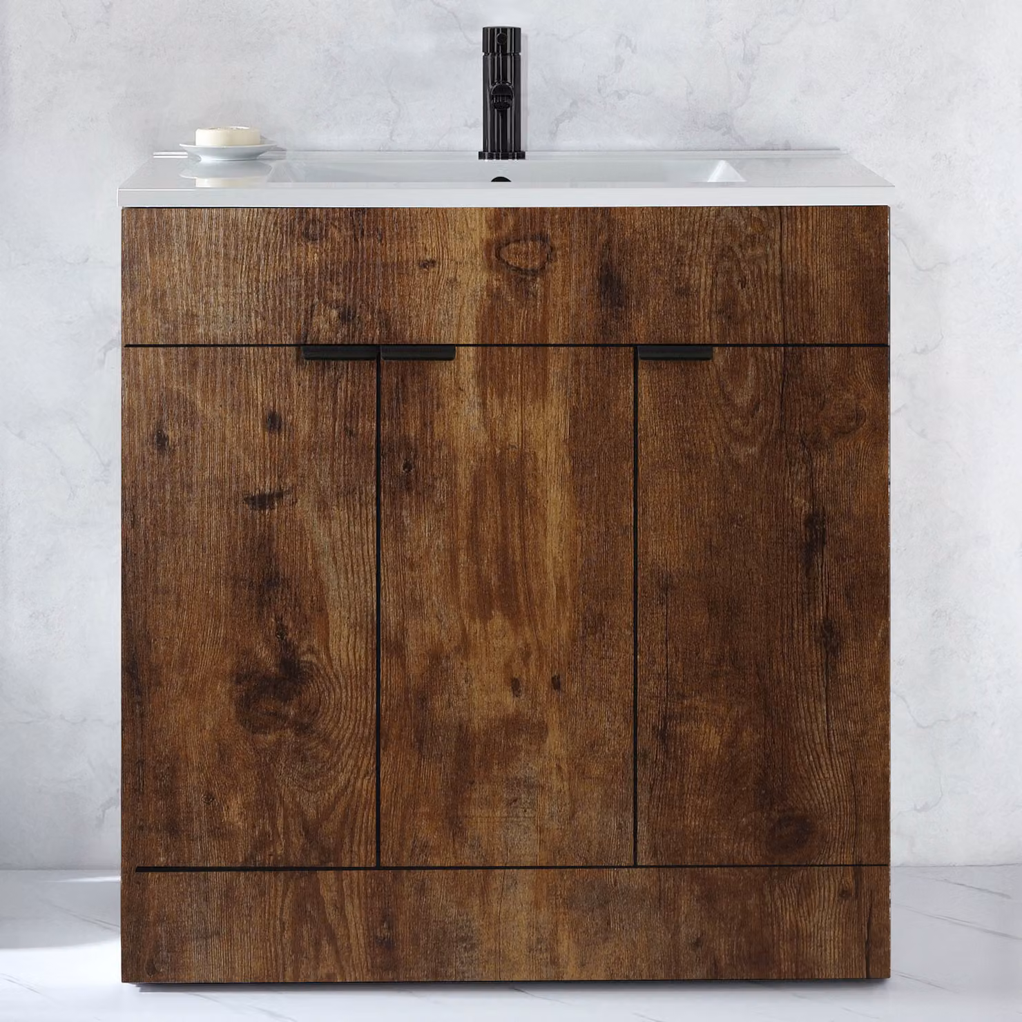 Mobile Bagno a Terra Rovere Scuro da 810mm con Lavabo e Maniglie Nere con Impugnatura a Dito - Cluo