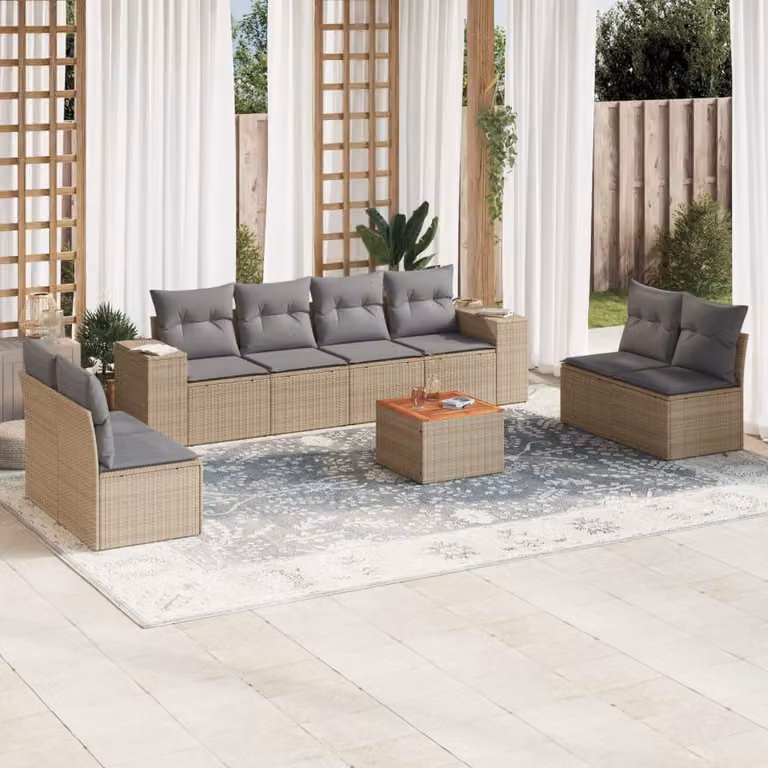 vidaXL Set Divano da Giardino 9 pz in Polyrattan Beige con Cuscini e Tavolino