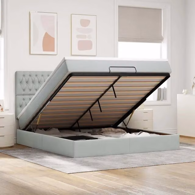 Letto con contenitore a sollevamento vidaXL in velluto grigio e bianco con luci sottostante e porta USB L/P/H: 203 x 160 x 128 cm