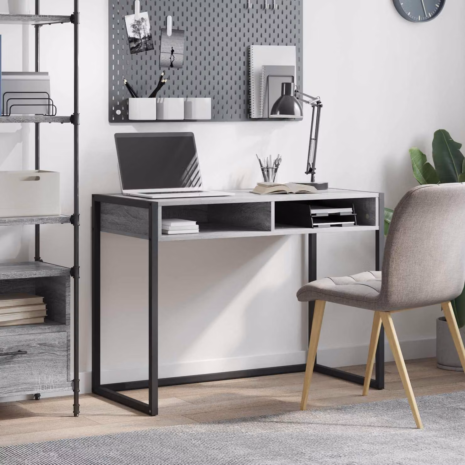 Scrivania vidaXL in stile industriale, colore grigio, realizzata in legno ingegnerizzato e metallo, L 100 x P 50 x H 75 cm