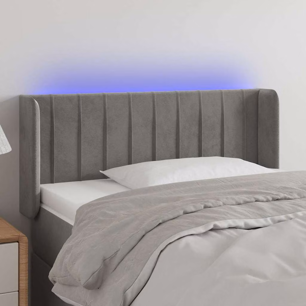 Testiera per letto vidaXL in velluto grigio chiaro con illuminazione LED e porta di ricarica USB, L: 93 cm, P: 16 cm, H: 78-88 cm