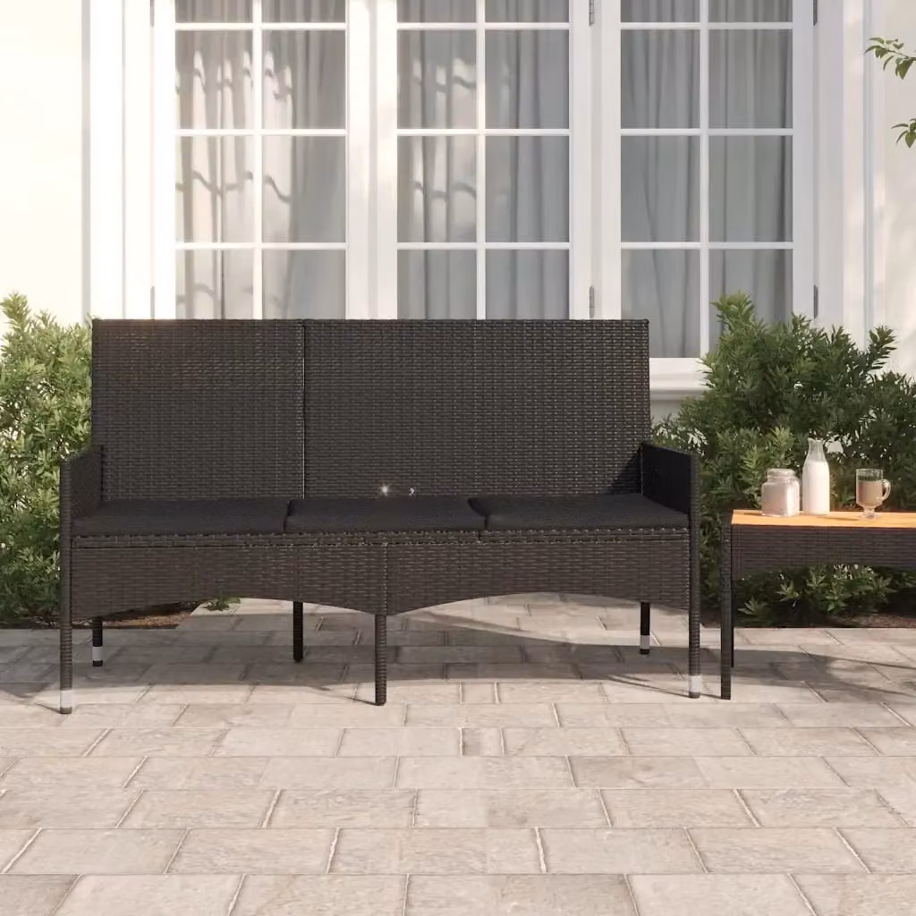 Panchina da Giardino a 3 Posti in Polyrattan Nero con Cuscini e Braccioli – 2