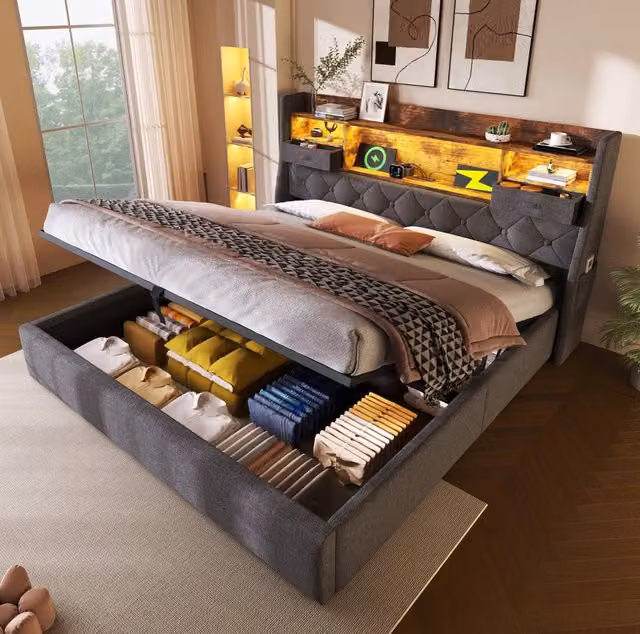 Letto matrimoniale ULEVR 160x200 cm con contenitore idraulico, LED multicolore e 4 porte di ricarica, lino grigio con materasso