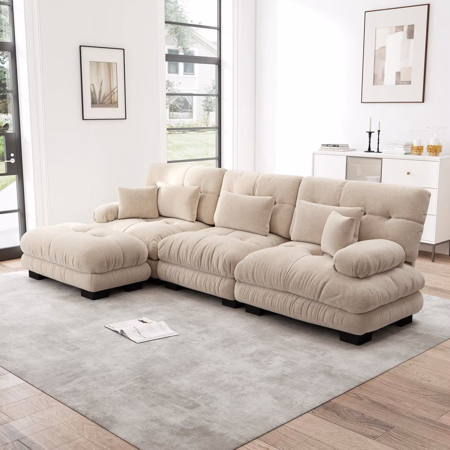 Divano angolare modulare modello "Cloud Couch", poggiapiedi, divano letto profondo, tessuto in chenille (color caffè chiaro)