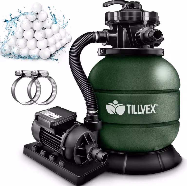 tillvex® sistema di filtraggio a sabbia per piscina 7.900L/h incl. sfere filtranti da 400g | sistema di filtraggio valvola a 7 vie & adattatore 2in1 Ø32mm - 38mm | filtro per piscina con indicatore di pressione | filtro a sabbia per piscine verde